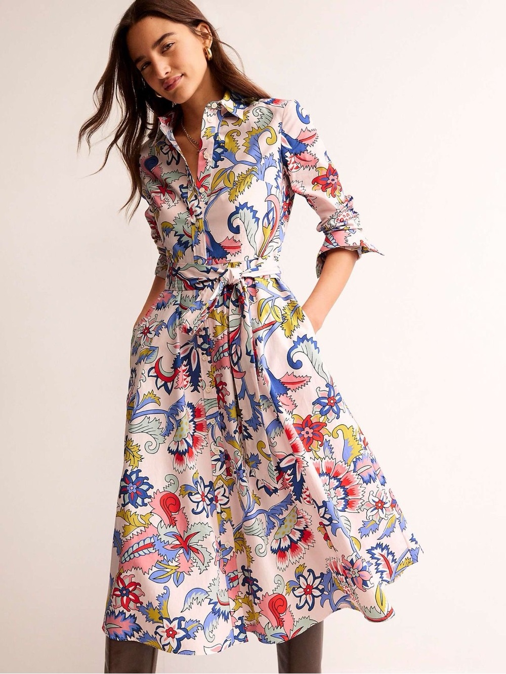 Boden Amy Cotton Floral Midi Shirt Dress Botanical Bunch US 8 UK 12R